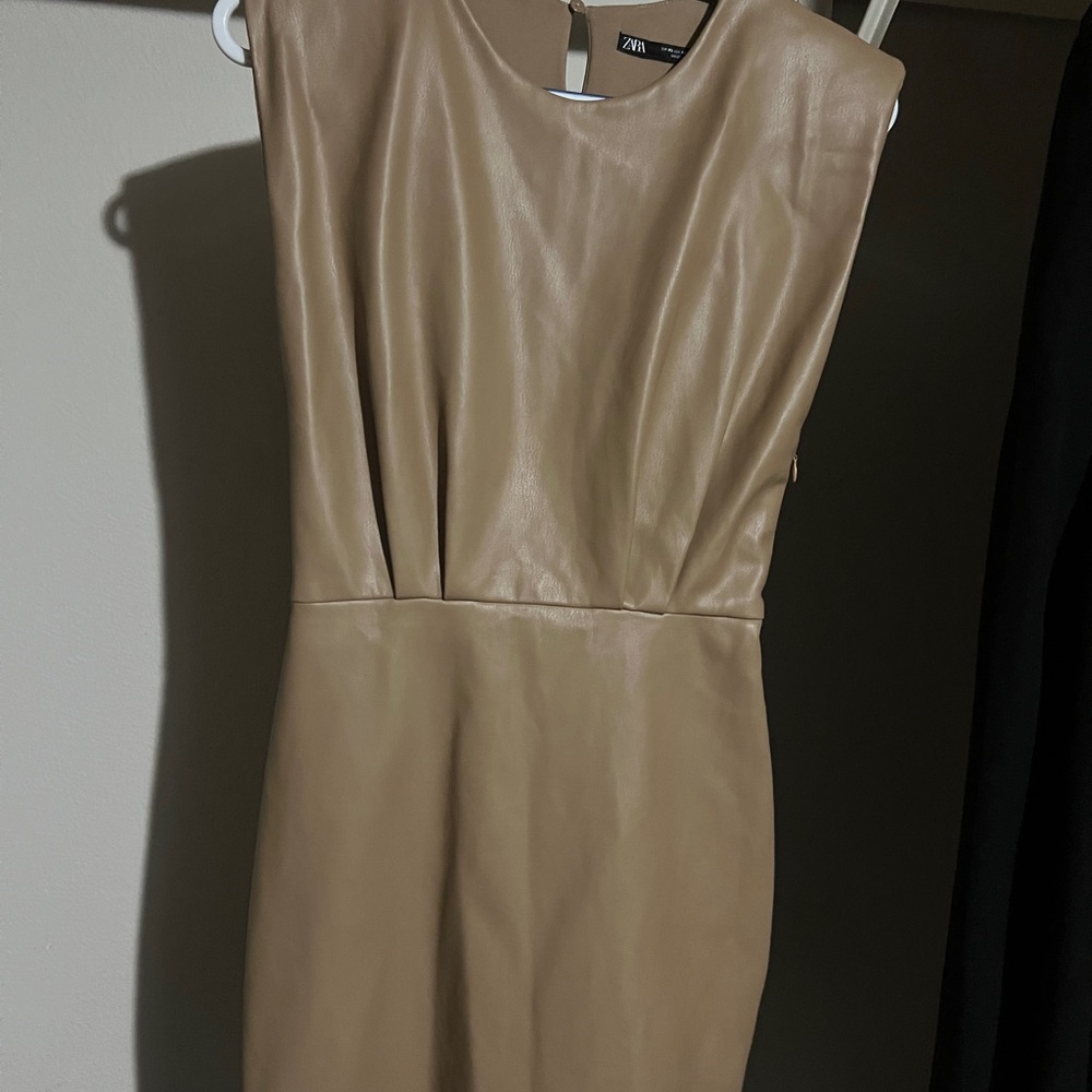 Zara Tan Sheath Mini Dress Sleeveless Crew Neck